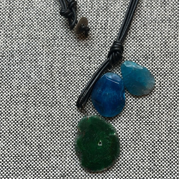 Handmade Blue and Green Stone Necklace with brown cord , Made in Athens, Greece - Picture 6 of 17